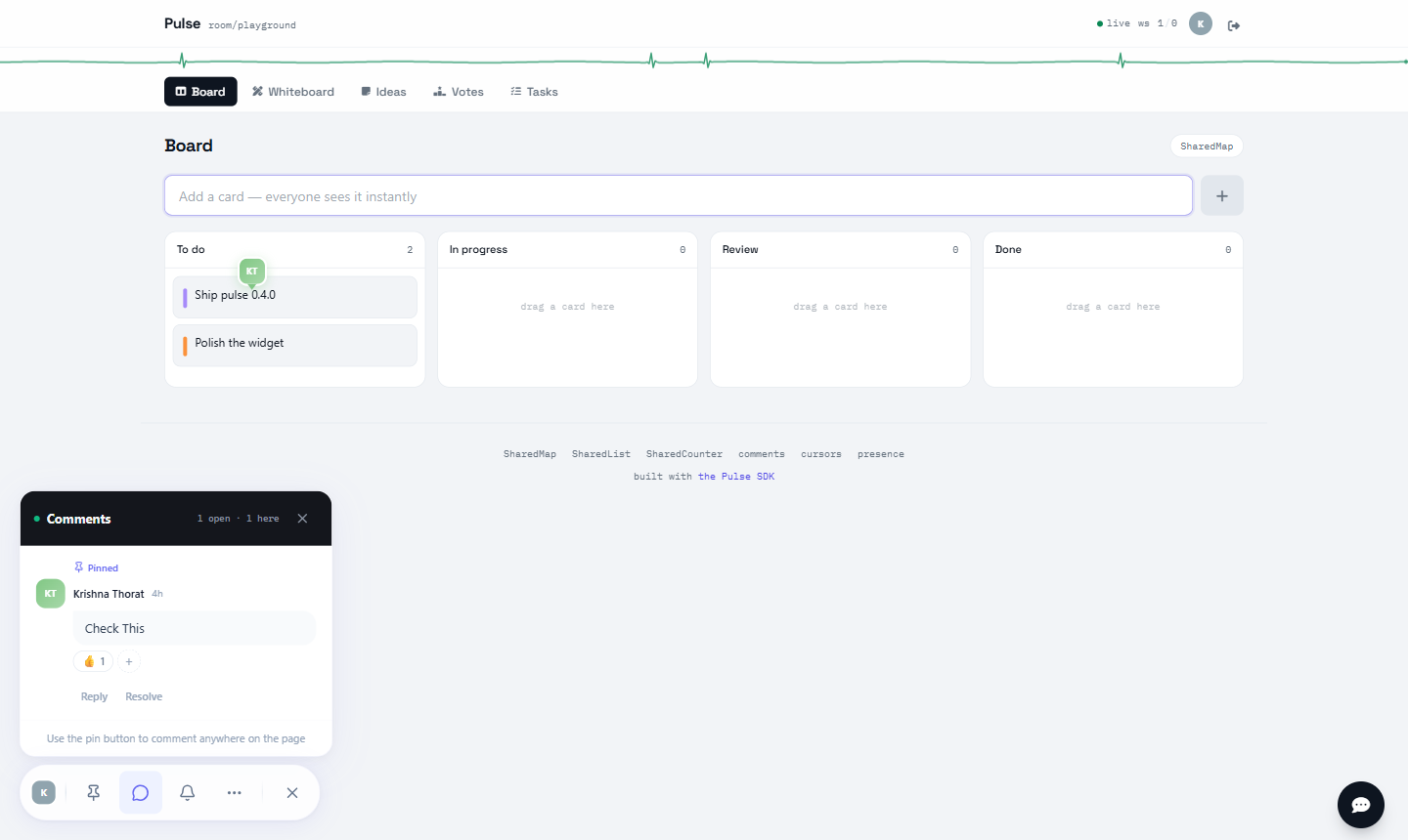The Pulse widget on the live demo: comments panel, a pinned thread, presence avatars, and toolbar