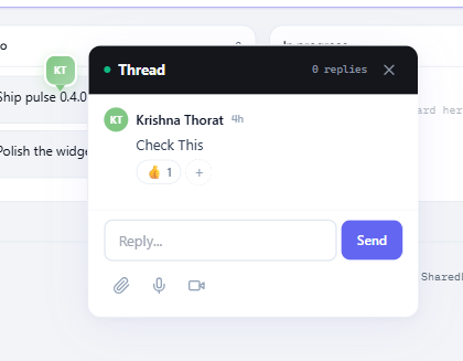 A pinned thread open in its popover, anchored to a kanban card